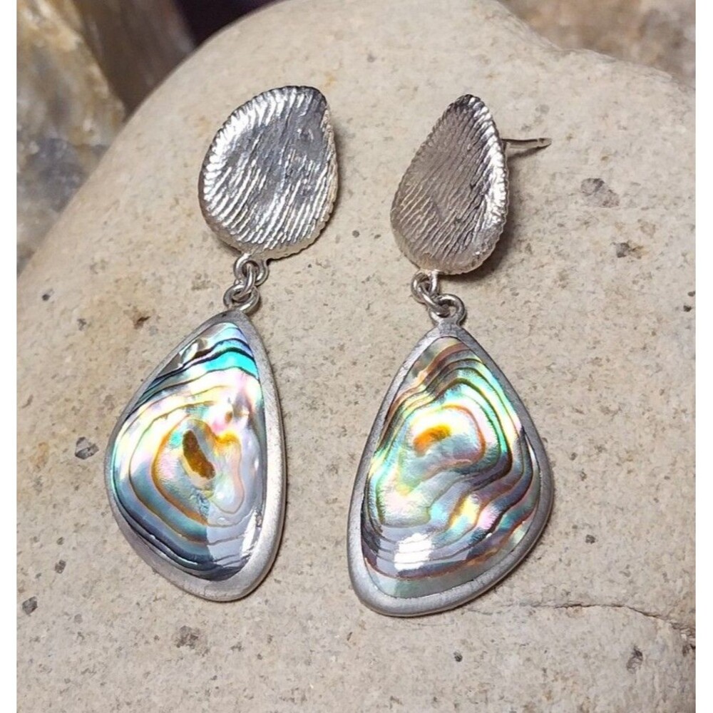 Modernist Sterling Silver Abalone Inlay Drop Dangle Earrings